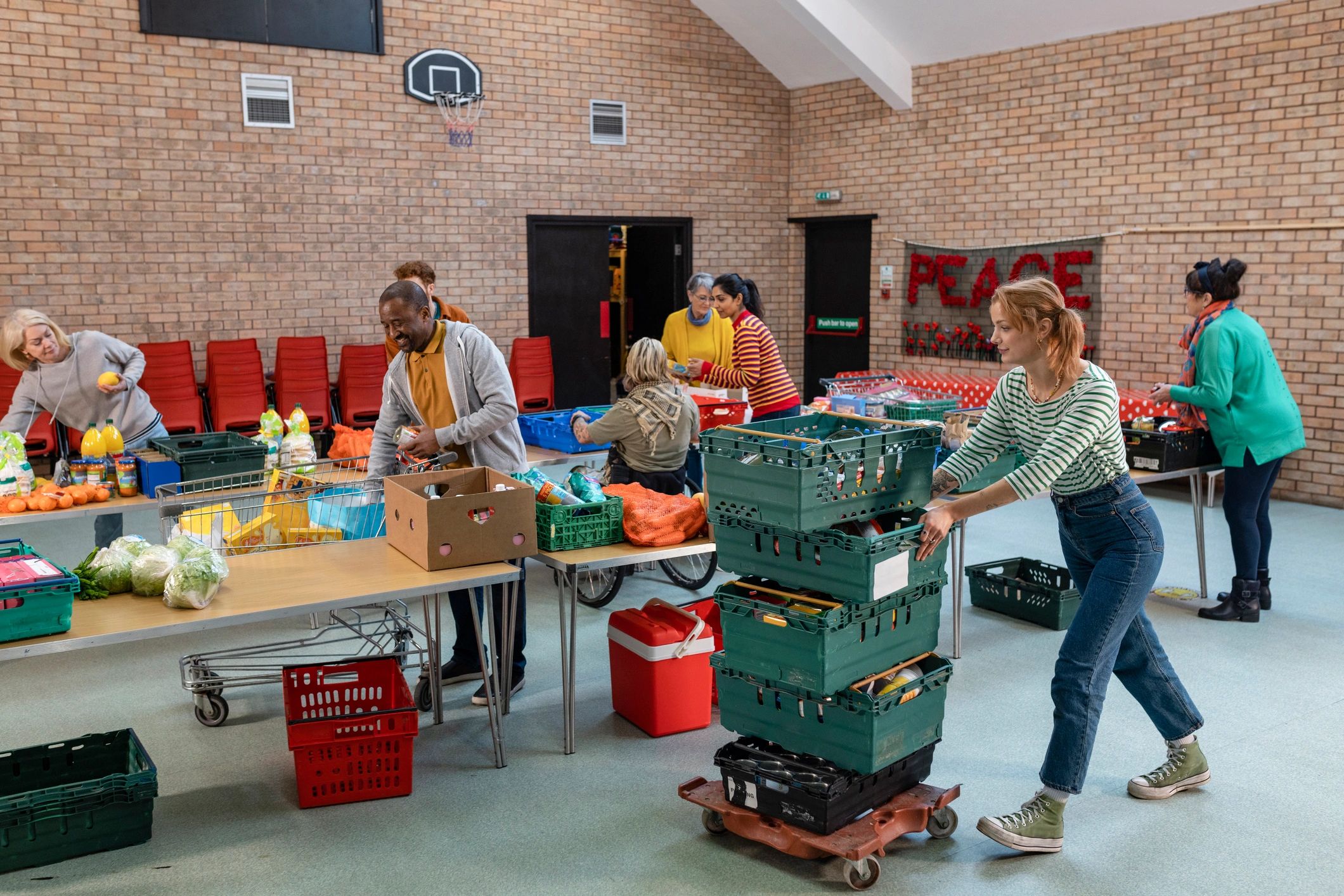 Volunteers working together to organize donations