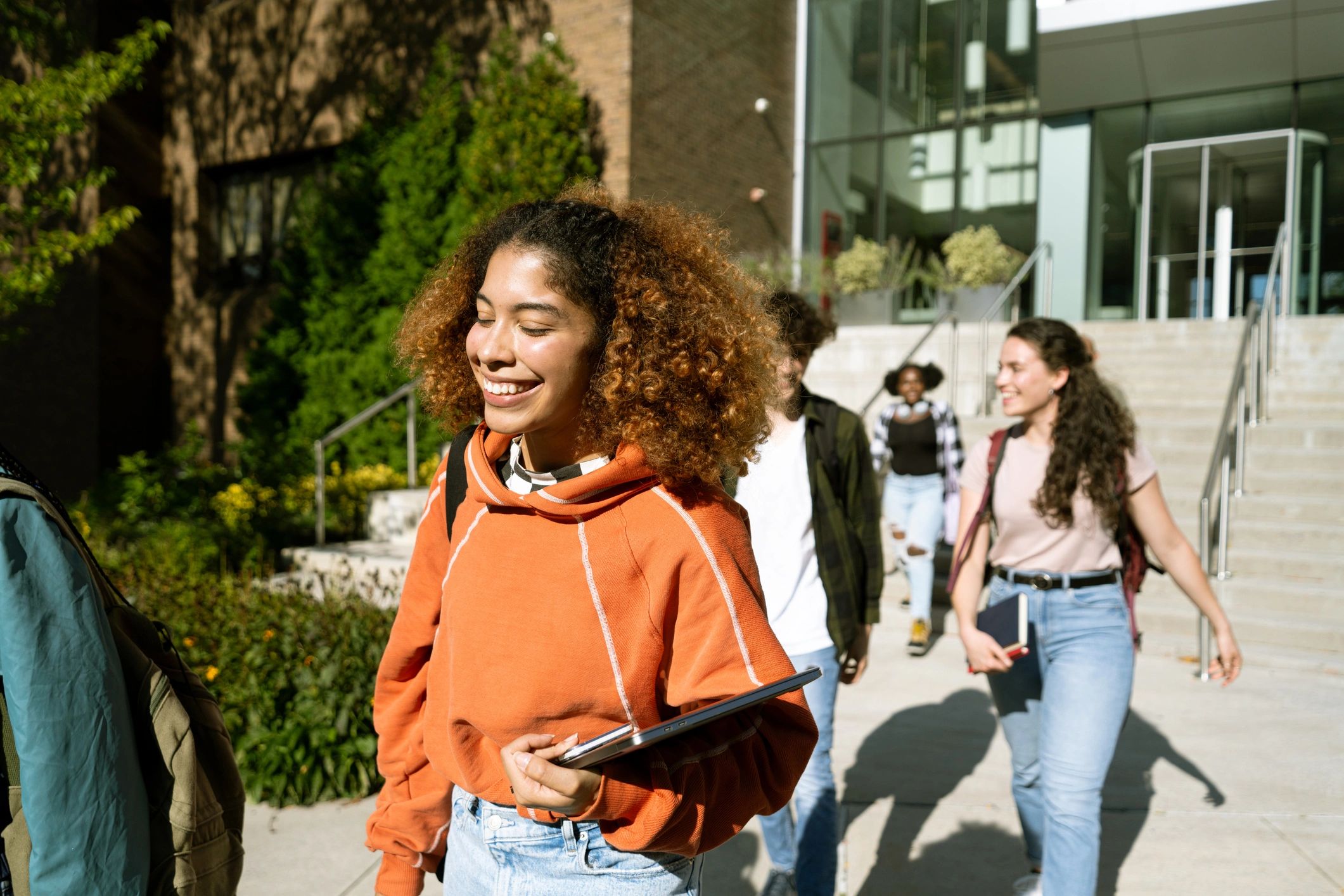 Students leaving a university building together